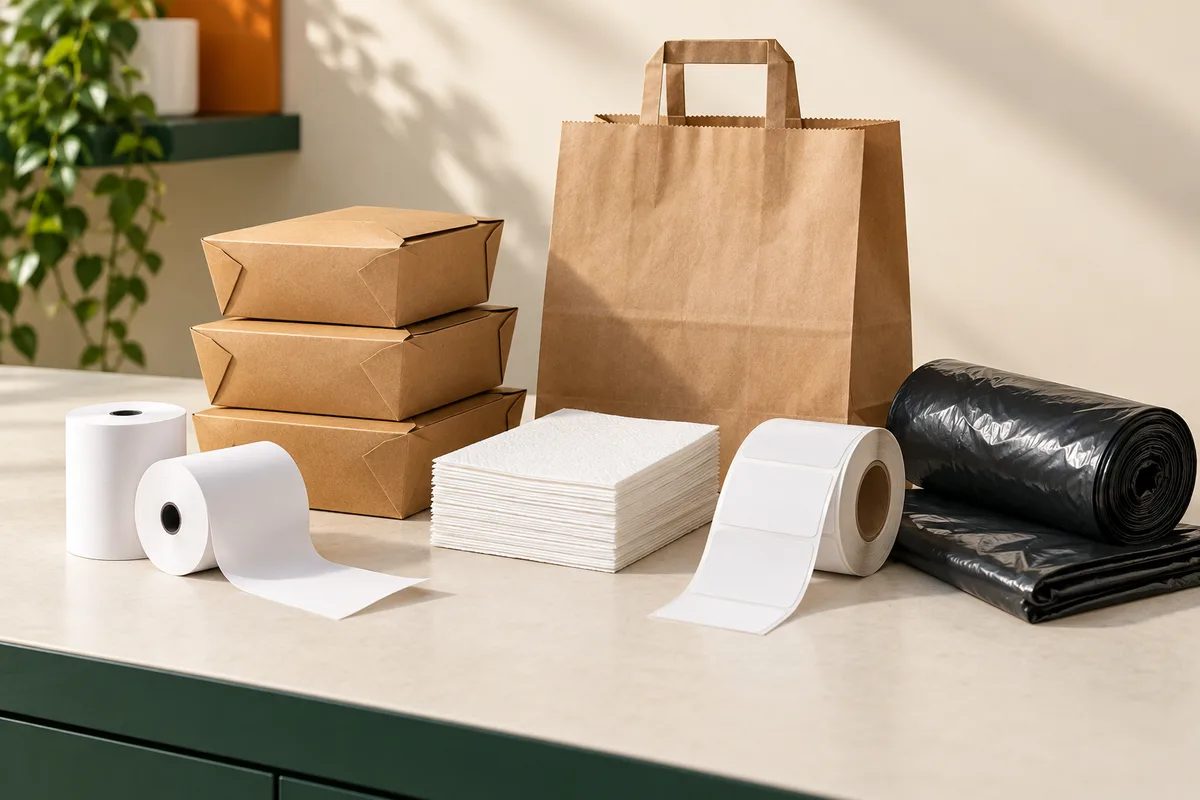Receipt rolls, kraft takeout boxes, napkins, blank labels and commercial liners